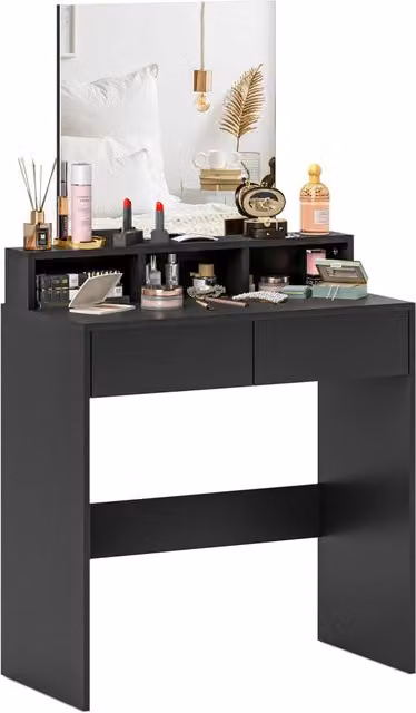 Tocador Minimal con specchio, 2 cassetti e 3 scompartimenti, Nero opaco, L/P/H: 75 x 38 x 135 cm