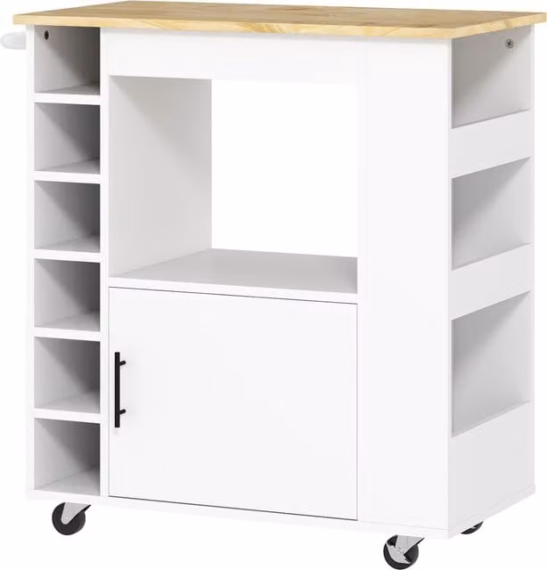 Carrello da cucina HOMCOM con ruote, ripiani, armadietto e portabottiglie, Rovere e Bianco, L 83 cm x P 40 cm x H 83 cm