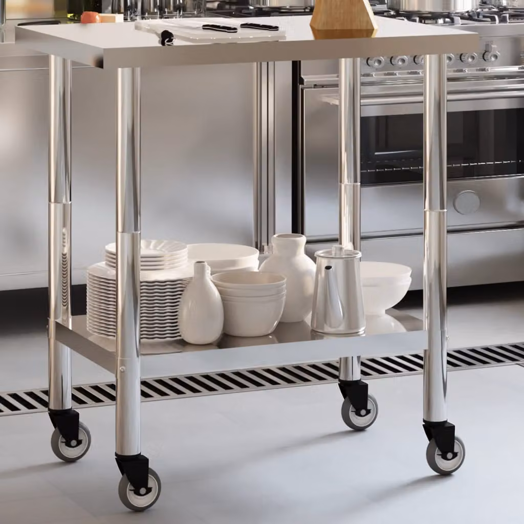 Tavolo da lavoro per cucina con ruote vidaXL in acciaio inox color argento L: 82,5 cm, P: 55 cm, H: 85 cm