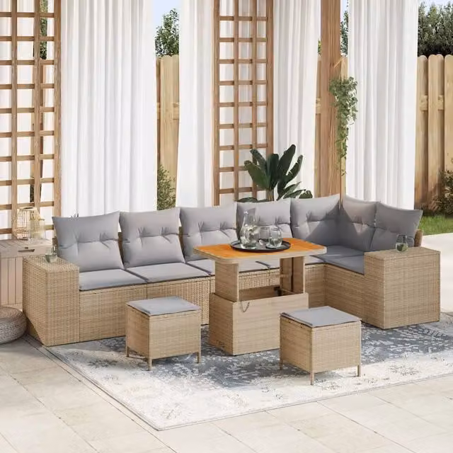 vidaXL Set Divano da Giardino a L con 9 Pezzi, 6 Posti, Beige e Grigio – 1
