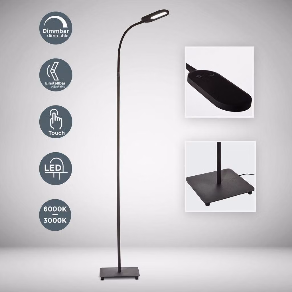 B.K.Licht Lampada da terra LED, piantana dimmerabile su 4 livelli, luce calda, neutra o fredda, altezza d’uso 1,28m, LED integrati 8W, 600Lm, orientabile, lampada a stelo touch moderna, nera IP20