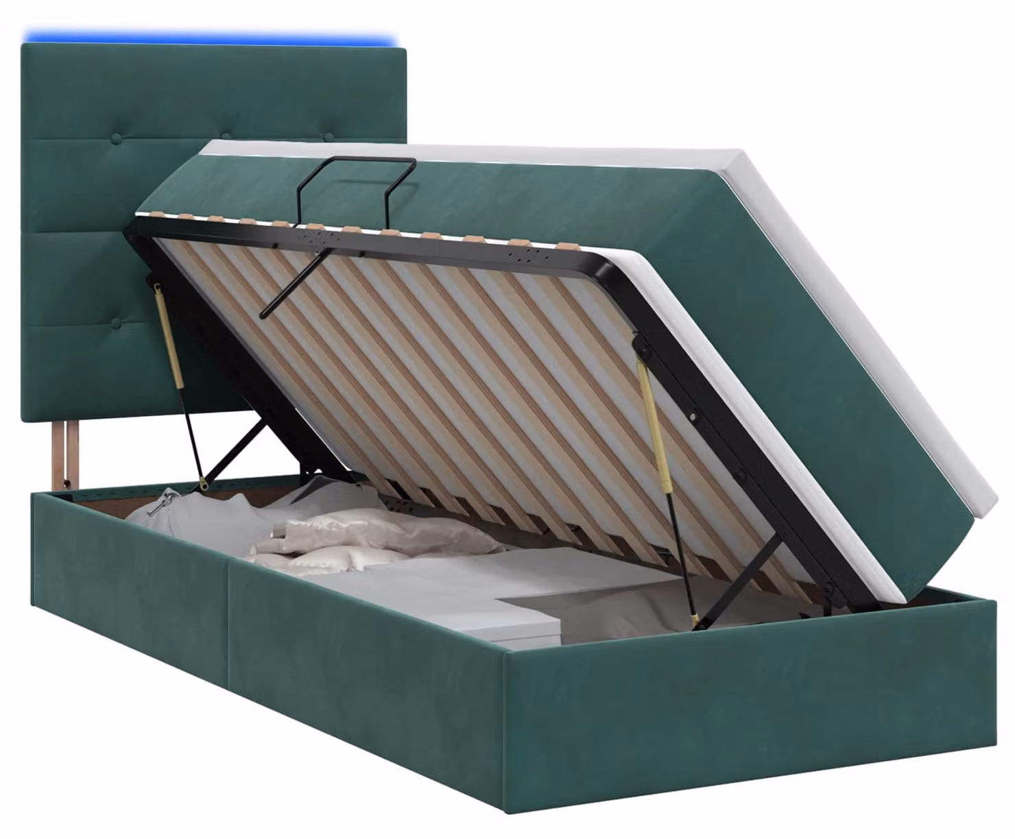 Letto imbottito con tecnologia LED e materasso, colore verde scuro, dimensioni 100 x 200 cm, rivestito in velluto