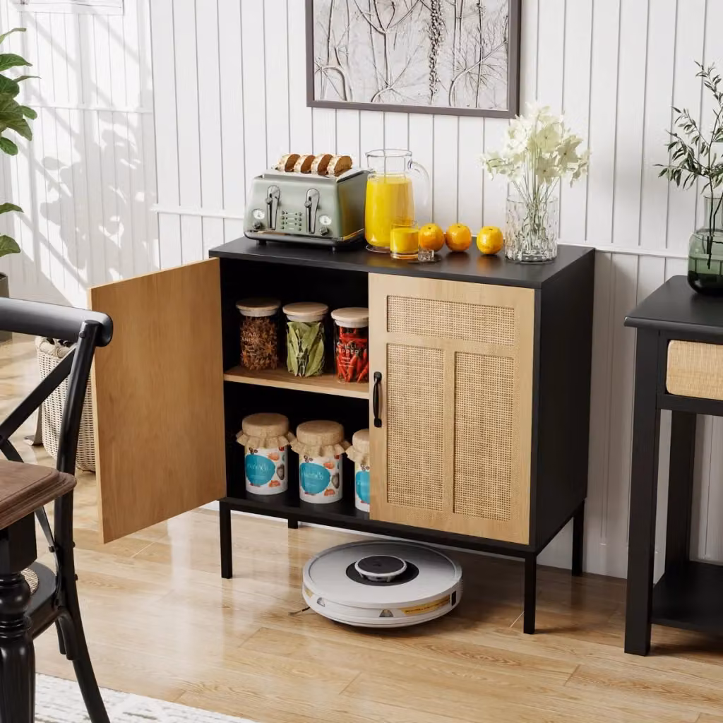 Armadietto portaoggetti in stile boho con motivo asimmetrico in rattan e metallo, colore nero, ideale per cucina, soggiorno o ingresso – 2