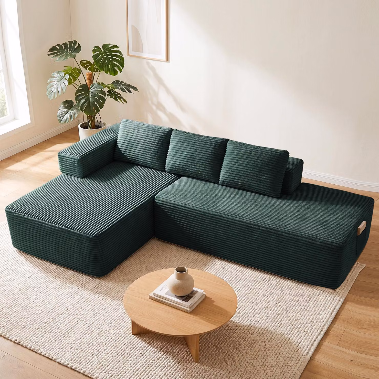 Divano componibile modello Ecksofa, con funzione letto, 255 cm, rivestito in velluto. Divano modulare "Boneless" con chaise longue e struttura in metallo per lo schienale. Divano a L con funzione letto e struttura aperta