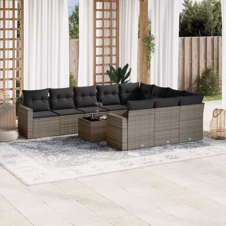 vidaXL Set Divani da Giardino 11 pz in Polyrattan Grigio con Cuscini e Tavolino da Esterno