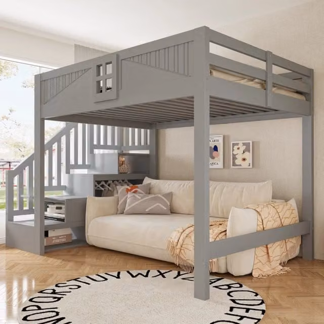 Letto a soppalco 140 × 200 cm 2 posti con scala contenitore reversibile e barriere, senza materasso, grigio