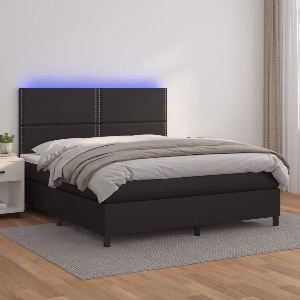 vidaXL Giroletto a Molle con Materasso e LED in Similpelle Nero L/P/H: 180 x 200 x 128 cm – 1