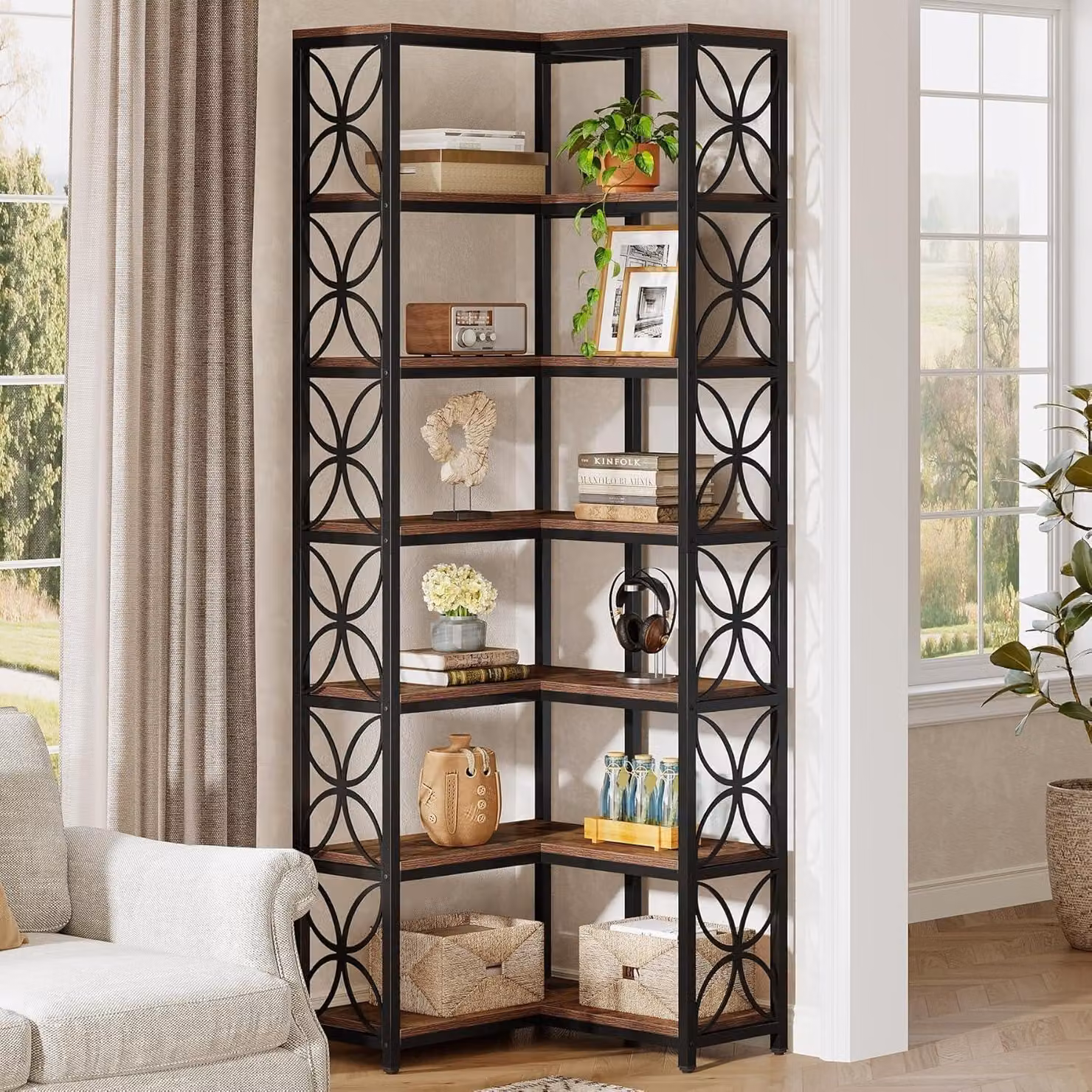 LITTLE TREE: scaffale angolare con 6 ripiani, stile industriale, legno e metallo, libreria con motivo decorativo, marrone-nero