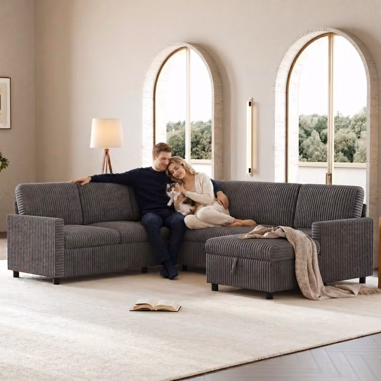 Divano letto a L Merax a 5 posti con funzione letto, divano angolare estraibile con vano portaoggetti, salotto componibile con chaise longue, divano in velluto a coste, divano, grigio