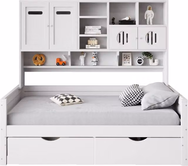 Letto singolo 90x200 in legno di pino bianco con contenitore， senza materasso