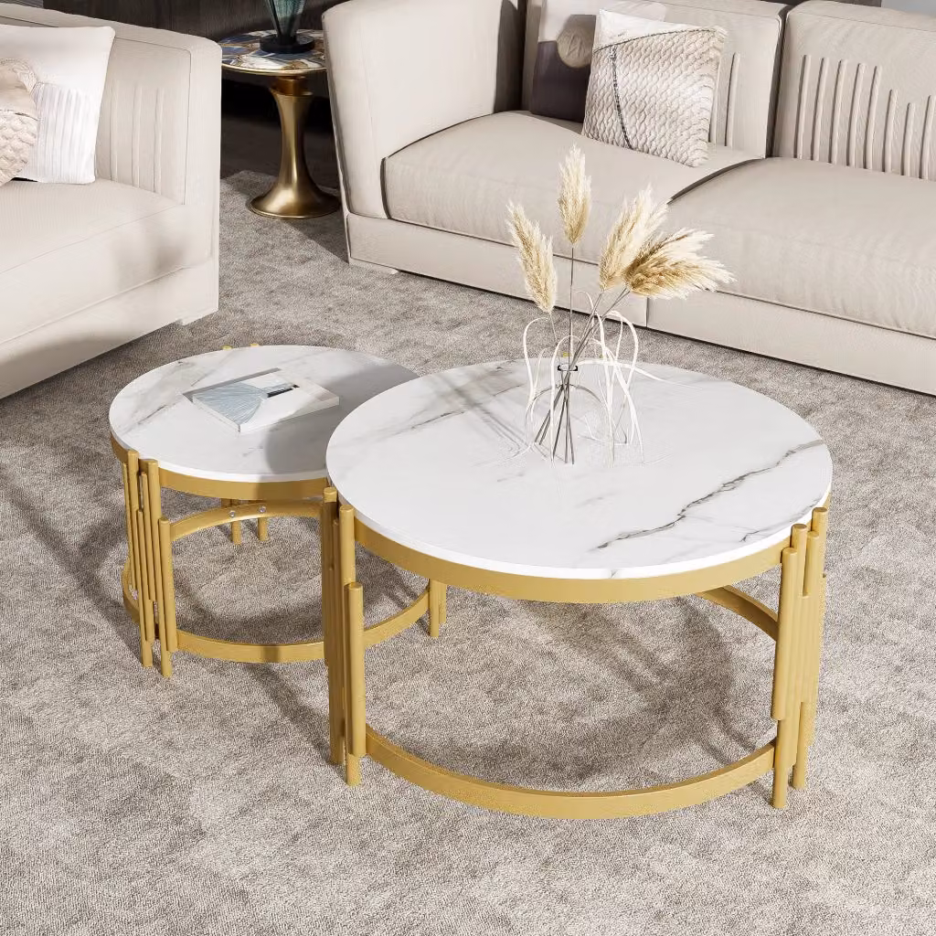 Set di 2 tavolini da caffè rotondi REDOM con effetto marmo bianco e struttura in metallo oro – 2