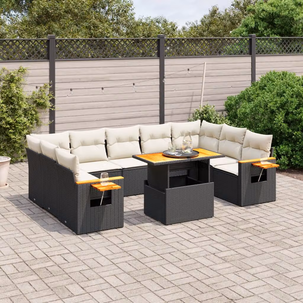 vidaXL Set Divani da Giardino a Forma di U in Polyrattan Nero con Cuscini e Tavolino da Esterno – 1