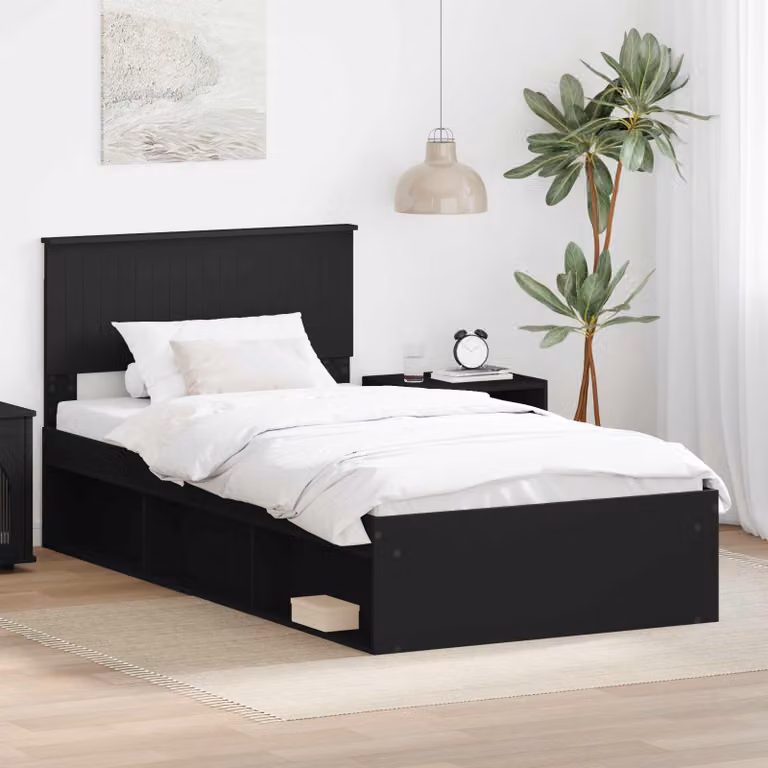 Struttura del letto vidaXL in pino massello e legno, colore nero, L/P/H: 200 x 100 x 90 cm