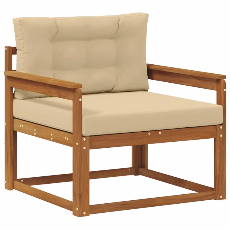 Divano componibile centrale per esterno in legno di acacia con cuscini beige e marrone Naturale 483256