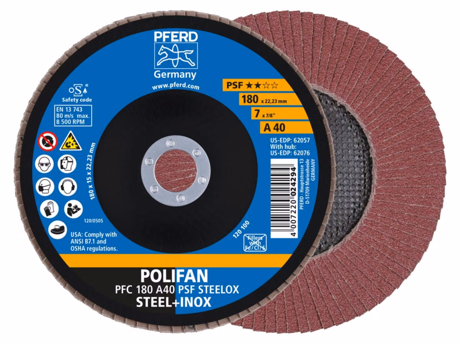 PFERD TOOLS POLIFAN rondella dentata PFC corindone conico A linea universale PSF STEELOX acciaio/acciaio inox