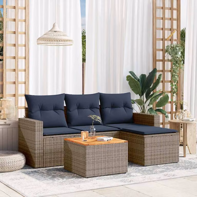 Set da giardino vidaXL in polyrattan composto da 5 pezzi con cuscini in tessuto, include divano angolare, tavolino e pouf, colore grigio e blu