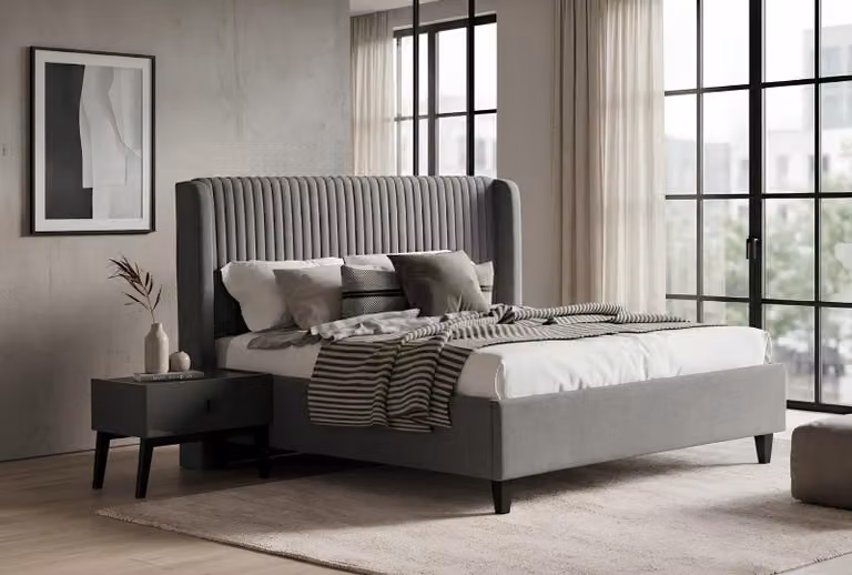 Set per camera da letto: letto, 2 comodini, colore nero, design moderno, confortevole, in legno