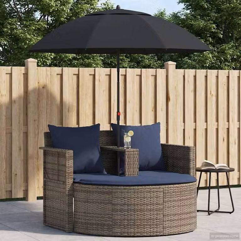 Set da giardino vidaXL in polyrattan composto da 8 pezzi, colore grigio e blu navy, con divano a L, poltrone e pouf con cuscini inclusi