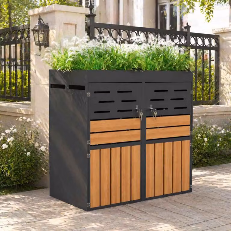 AIORBER: box per bidoni della spazzatura da 2 tonnellate con fioriere integrate, armadio da giardino in acciaio zincato, chiudibile a chiave, ventilazione a lamelle, 133x80x128 cm, grigio