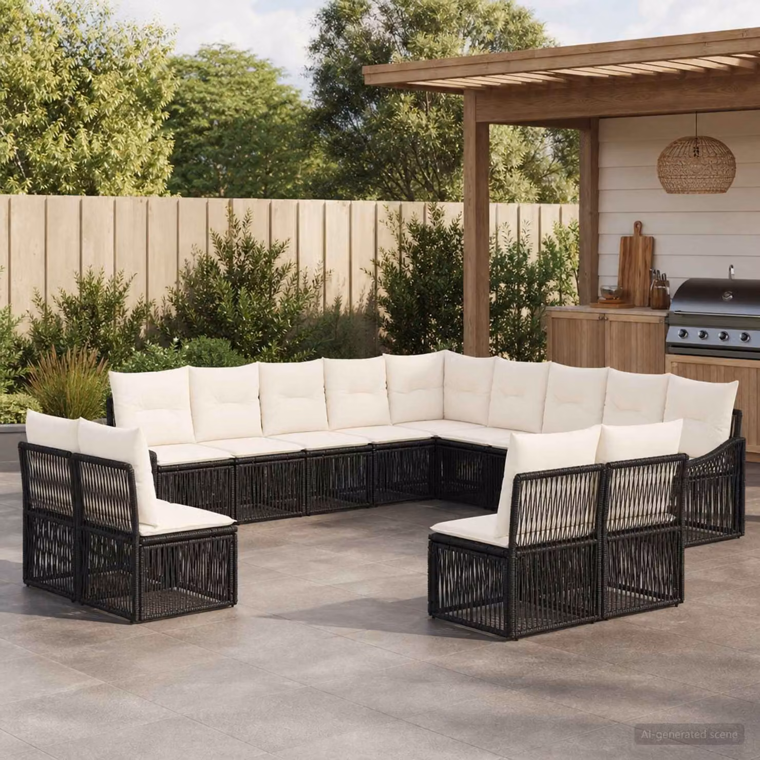 Set Divano da Giardino vidaXL a forma a U in Polyrattan Nero con Cuscini e Struttura in Acciaio