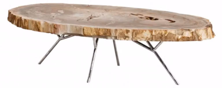 Tavolino da salotto in stile Art Déco "Casa Padrino", con piano in legno fossilizzato e struttura in acciaio inossidabile lucido. Dimensioni: 110-120 x 65-85 x altezza 35 cm