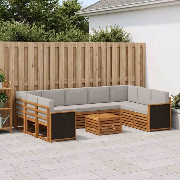 Set di divani da esterno vidaXL in legno di acacia con cuscini, composizione a L con tavolino, colori beige, grigio e marrone