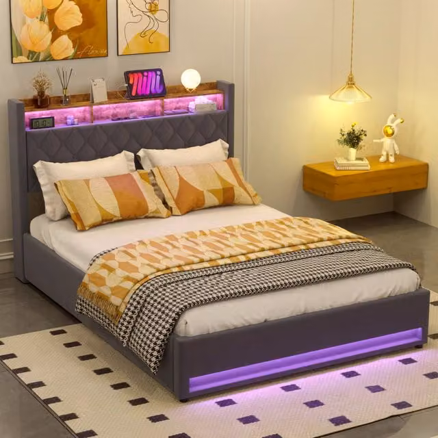 Letto matrimoniale imbottito con testiera in velluto e rete, 160×200 cm, senza materasso, grigio scuro