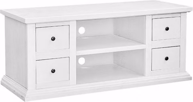 Porta TV Shabby Chic Mobili 2G in Legno di Pino Bianco con 4 Cassetti e 2 Vani a Giorno L: 120 cm, P: 50 cm, H: 53 cm