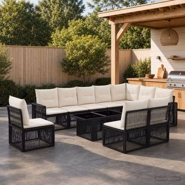 Set Divano da Giardino 11 pz Nero e Bianco Crema polyrattan 3436804