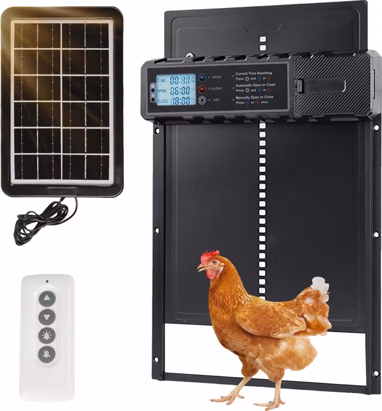 Porta automatica per pollaio, alimentata a energia solare e ricaricabile tramite USB, con telecomando, colore nero