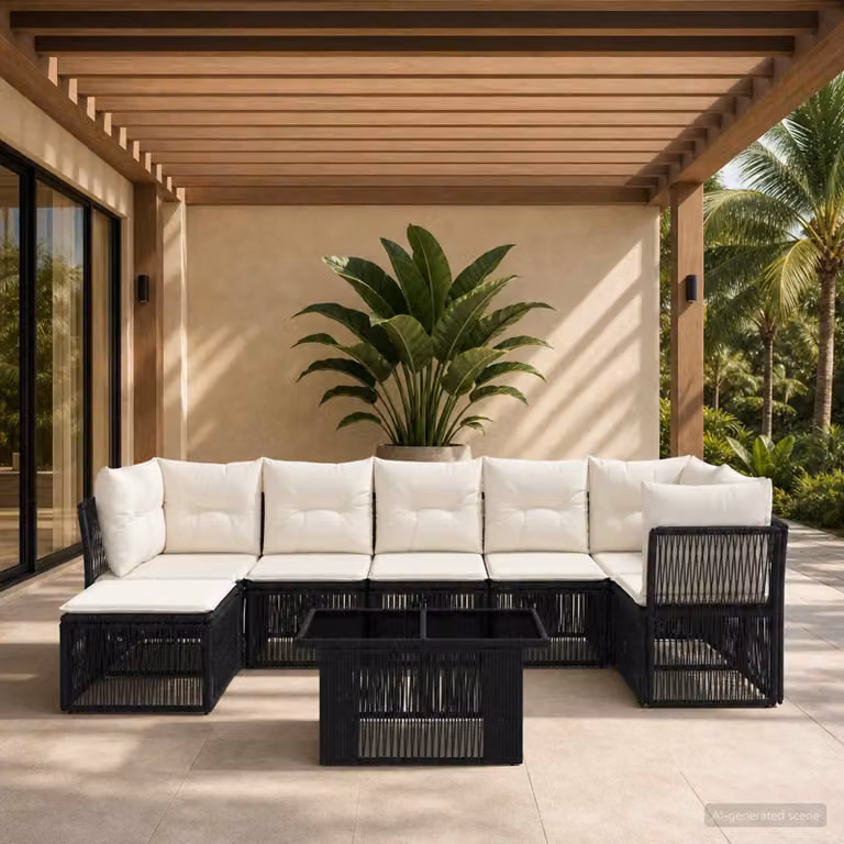 Set Divano da Giardino vidaXL 8 Pezzi in Polyrattan Nero con Cuscini e Tavolino