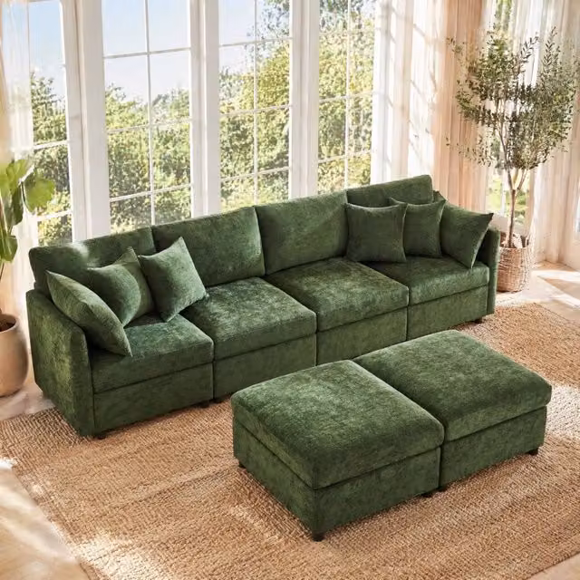 Divano modulare 4-6 posti 278x161 cm in chenille verde con 2 pouf e 6 cuscini HOMVRA