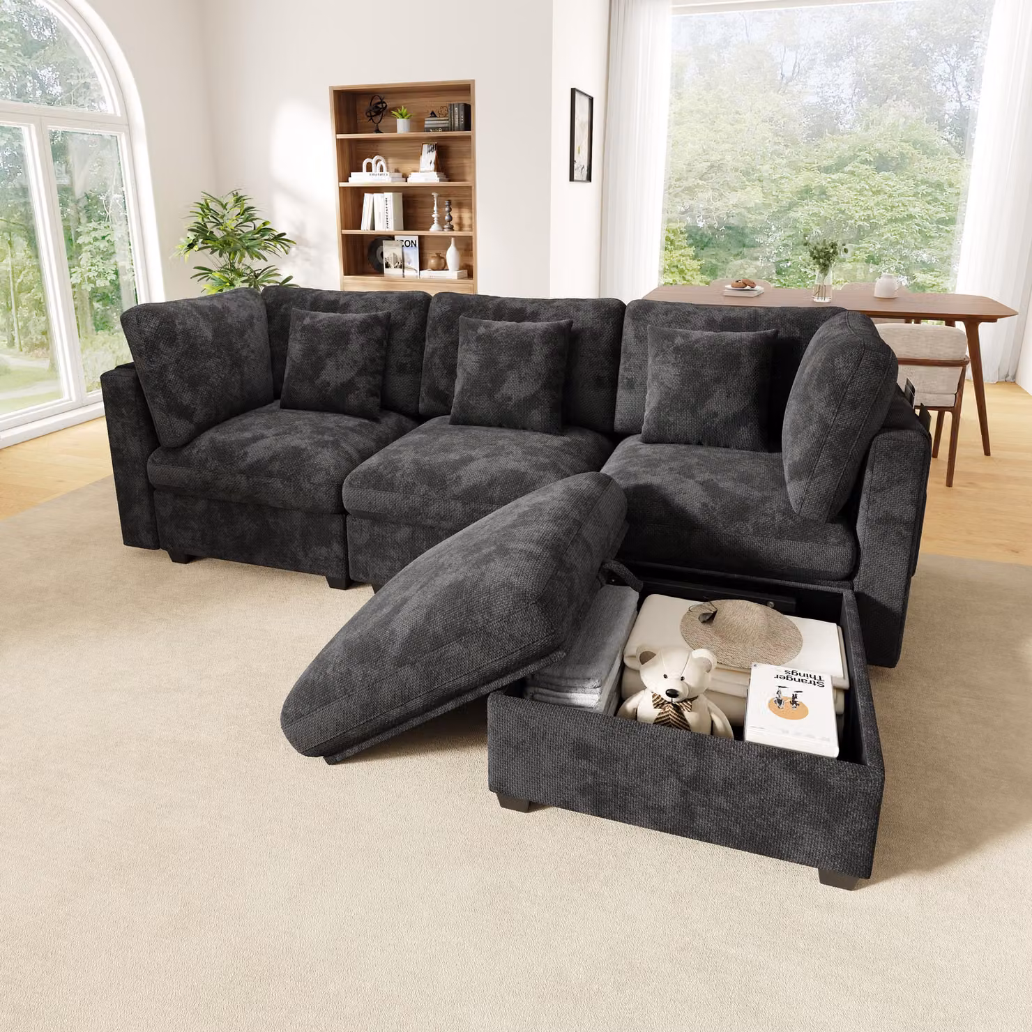 Divano angolare a forma di L, 4 posti, modulare con spazio contenitivo, poggiapiedi, tessuto in chenille con trama waffle, tasche laterali, 3 cuscini, divano per soggiorno, colore grigio