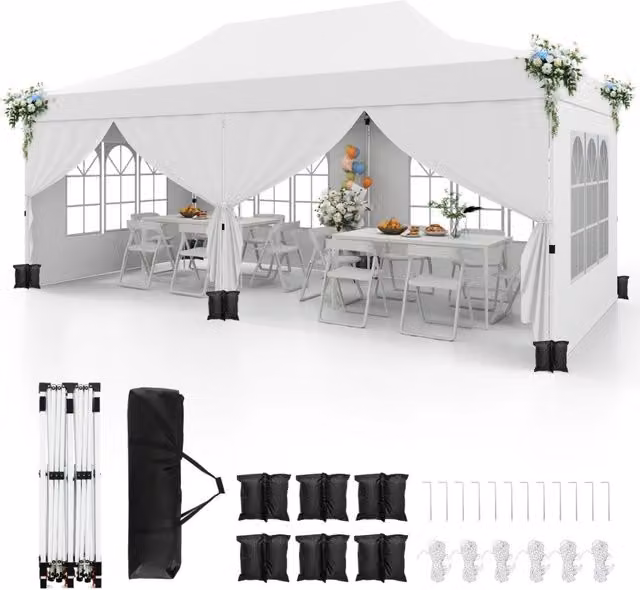 Gazebo pop-up con 6 pareti laterali e ingressi con cerniera, Gazebo istantaneo portatile per festa e picnic 3 x 6 m Bianco