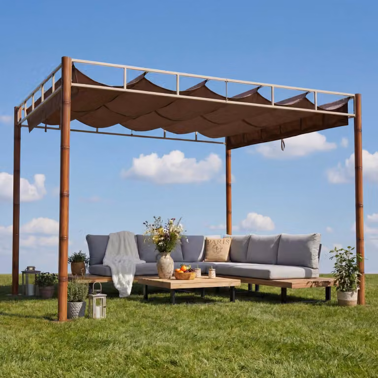 Pergola MCW-L42, gazebo da giardino, copertura per terrazza, robusta struttura in metallo da 7 cm, 3x3 m, effetto bambù ~ marrone taupe