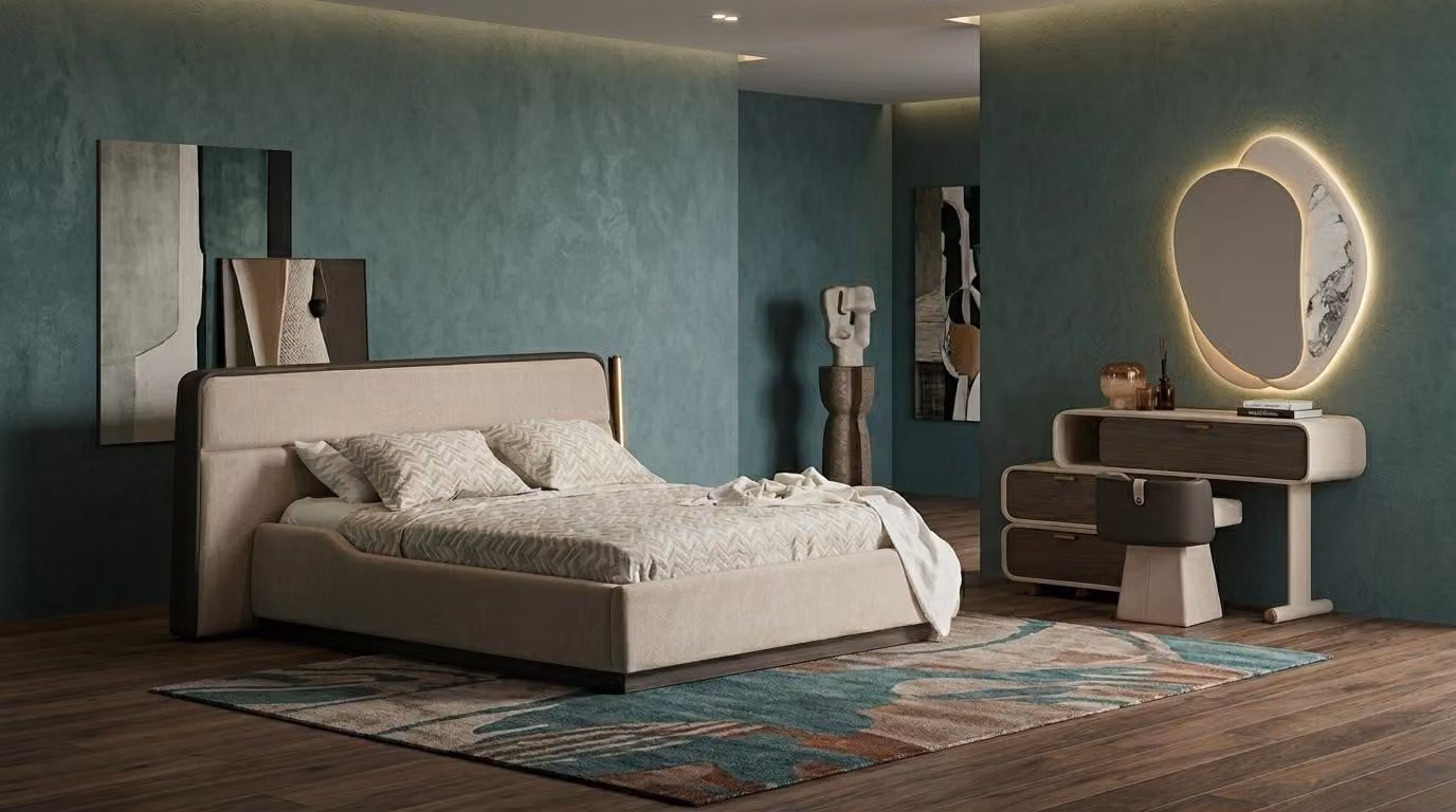Bett Schminktisch Spiegel Pouf Schlafzimmer Stil modern beige praktisch
