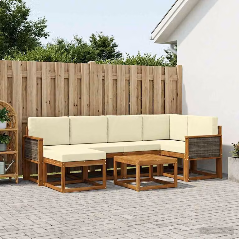 Set di divani da esterno vidaXL 7 pz in legno di acacia con cuscini, colore marrone, beige e bianco, composizione a L con angolo a destra, tavolo da caffè e pouf