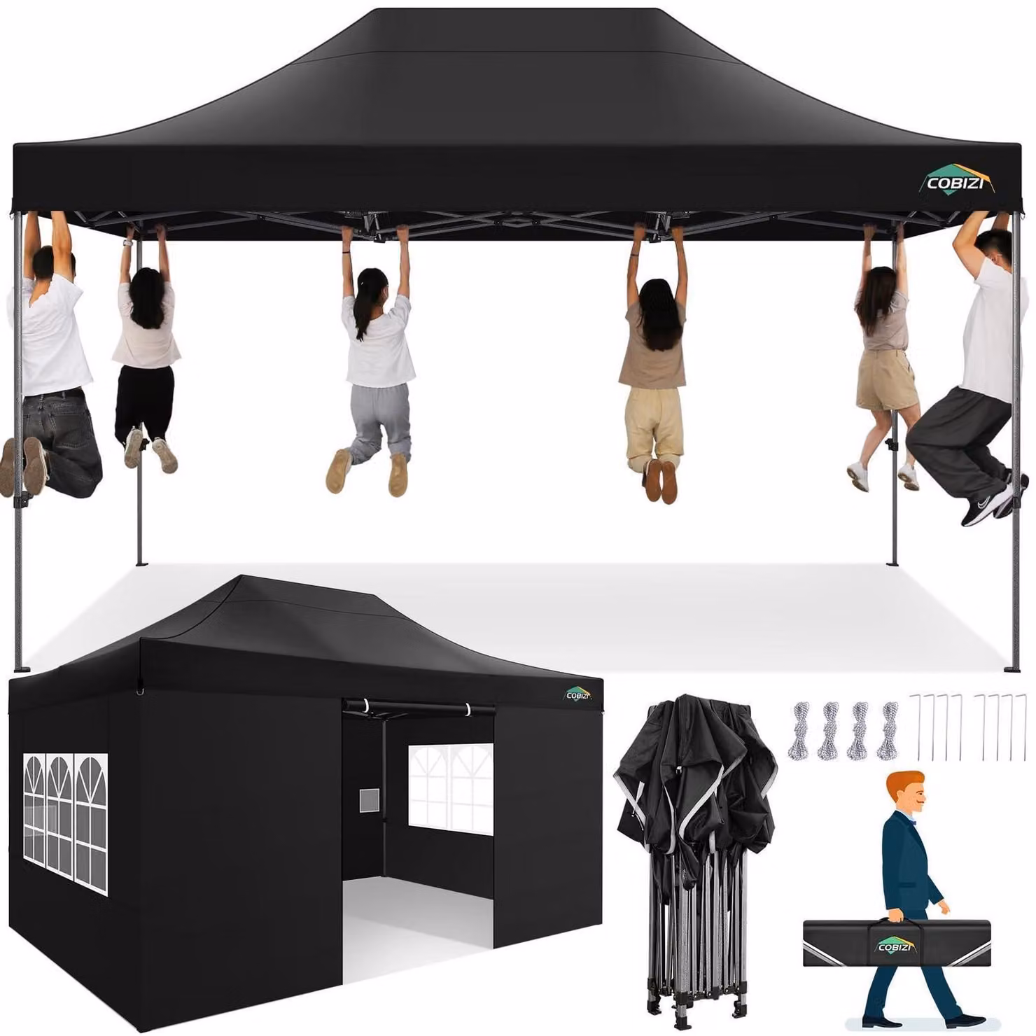 Gazebo da esterno 3x4,5 metri, impermeabile, con protezione UV, 4 pannelli laterali neri, regolabile in altezza, robusto