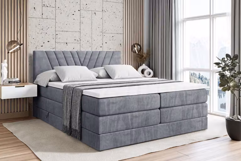 Letto boxspring ALTDECOR con 2 materassi e topper - 180x200 cm - ERNINA KING - Velluto grigio - Letto imbottito con materassi H3 e H4, contenitore e rete a doghe, letto con spazio contenitivo