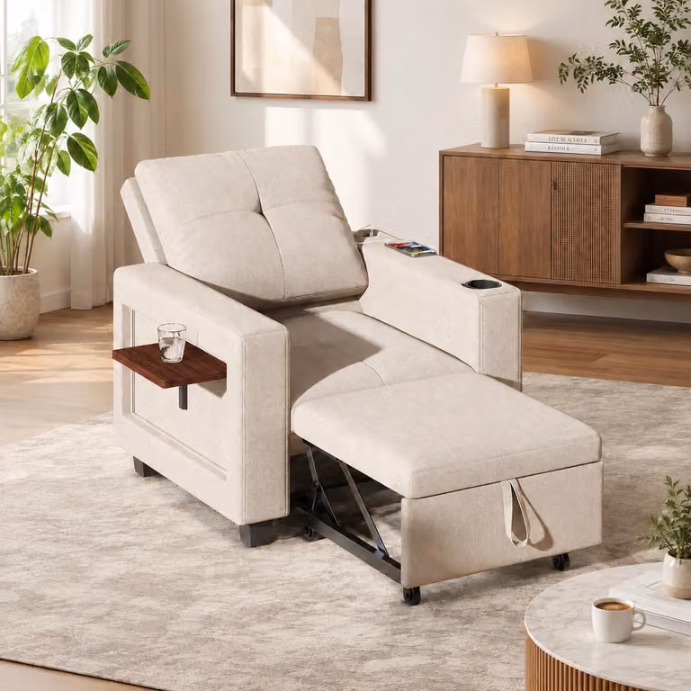 Divano letto INONEFT 3 in 1 con funzione letto, poltrona reclinabile con schienale regolabile in 5 posizioni, porta USB e tavolino laterale pieghevole, in tessuto chenille, color beige