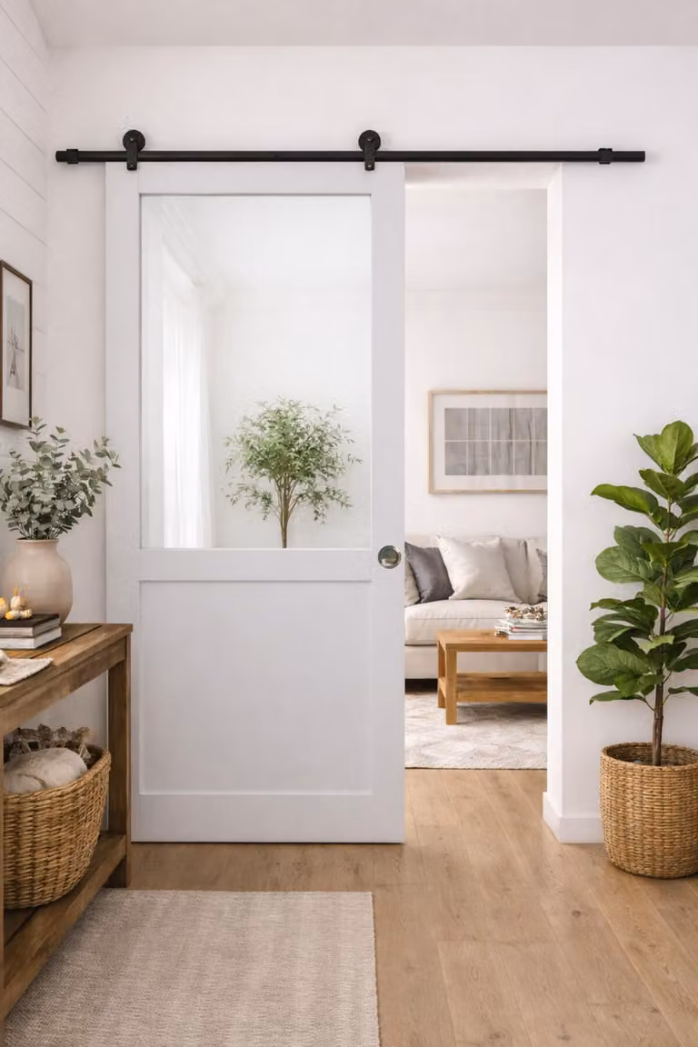 Porta scorrevole da officina bianca H204 x L83 cm senza traverso + rotaie, conchiglie GD MENUISERIES