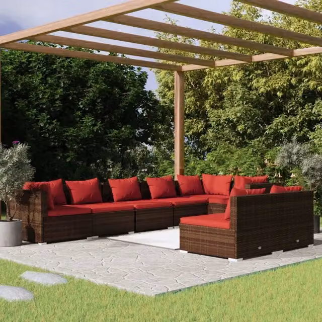 Set di divani da giardino vidaXL in rattan marrone con cuscini e struttura in acciaio, 8 pezzi