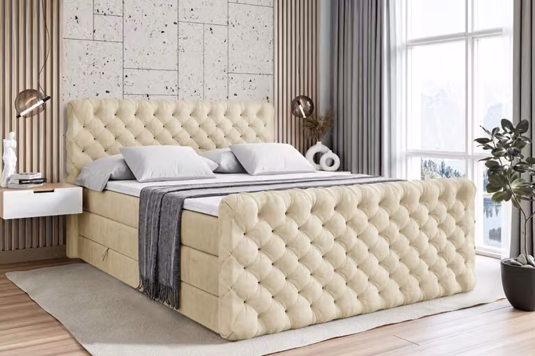 Letto boxspring ALTDECOR con pediera, 2 materassi e topper - 160x200 cm - BOXI8-Z KING - Velluto beige - Letto imbottito con materassi H3 e H4, contenitore e rete a doghe, letto con spazio contenitivo