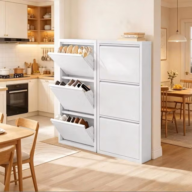 Set di 2 scarpiere in metallo con 3 ante a ribalta; 50 x 106 x 15 cm; bianco