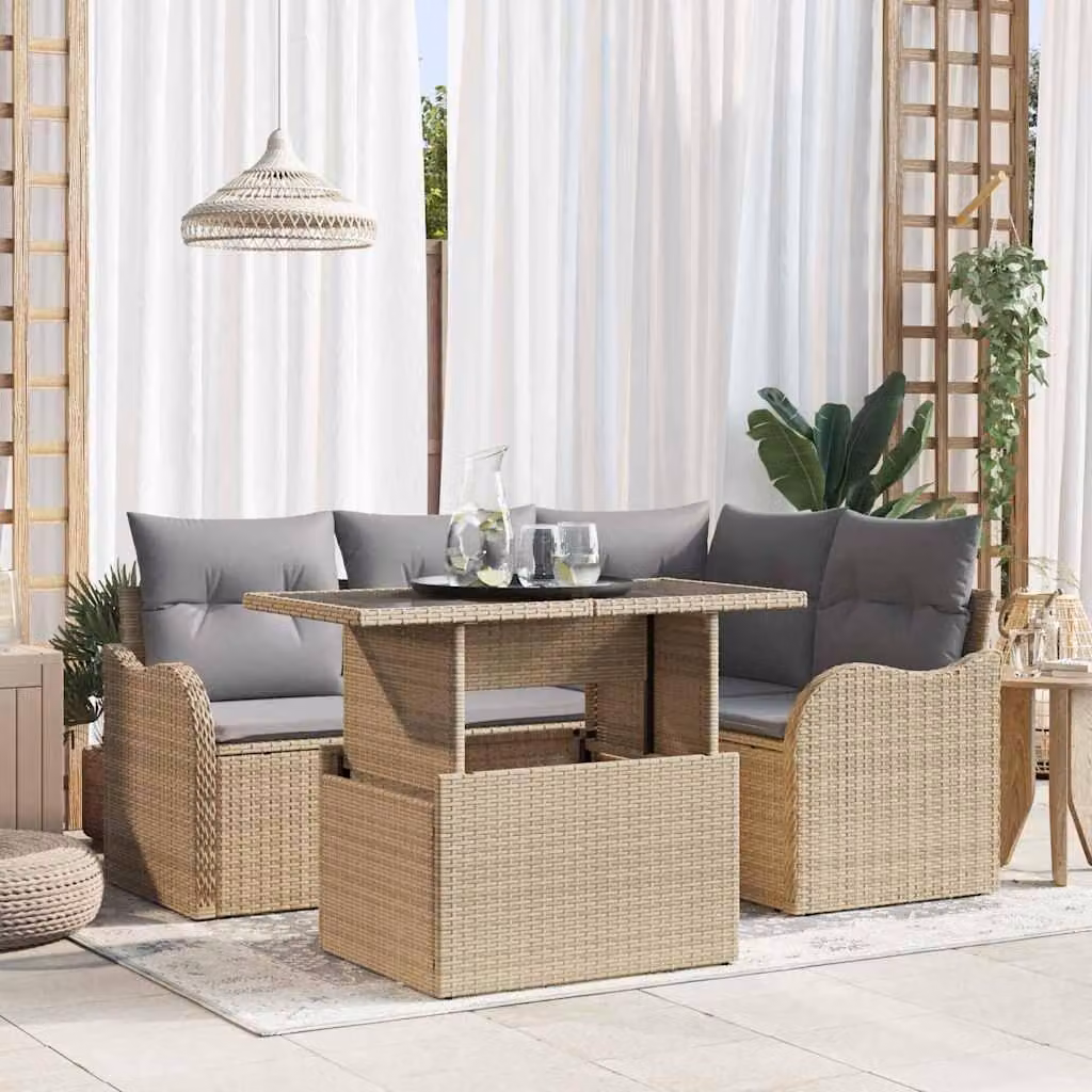 Maison Exclusive - Set da pranzo per esterni con cuscino 5 pcs Beige Poly Rattan