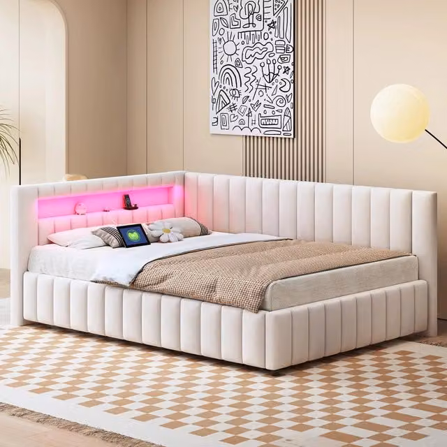 Letto imbottito con LED ¨C Minimal ¨C velluto beige 140x200 cm