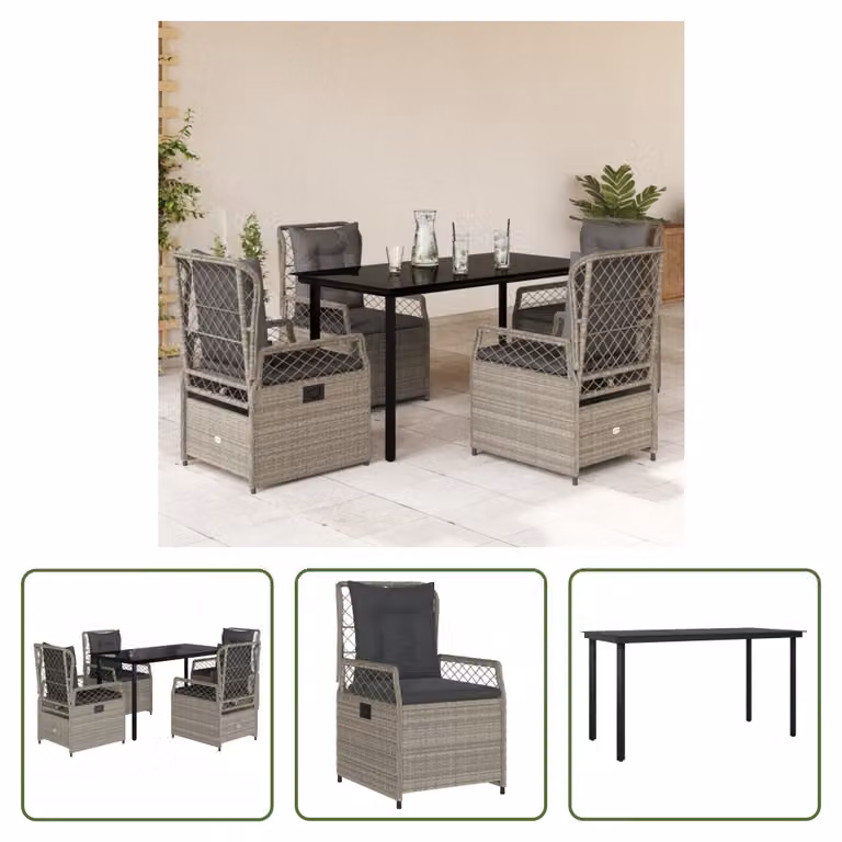 The Living Store Set da pranzo da giardino 5 pezzi con cuscini in rattan grigio chiaro