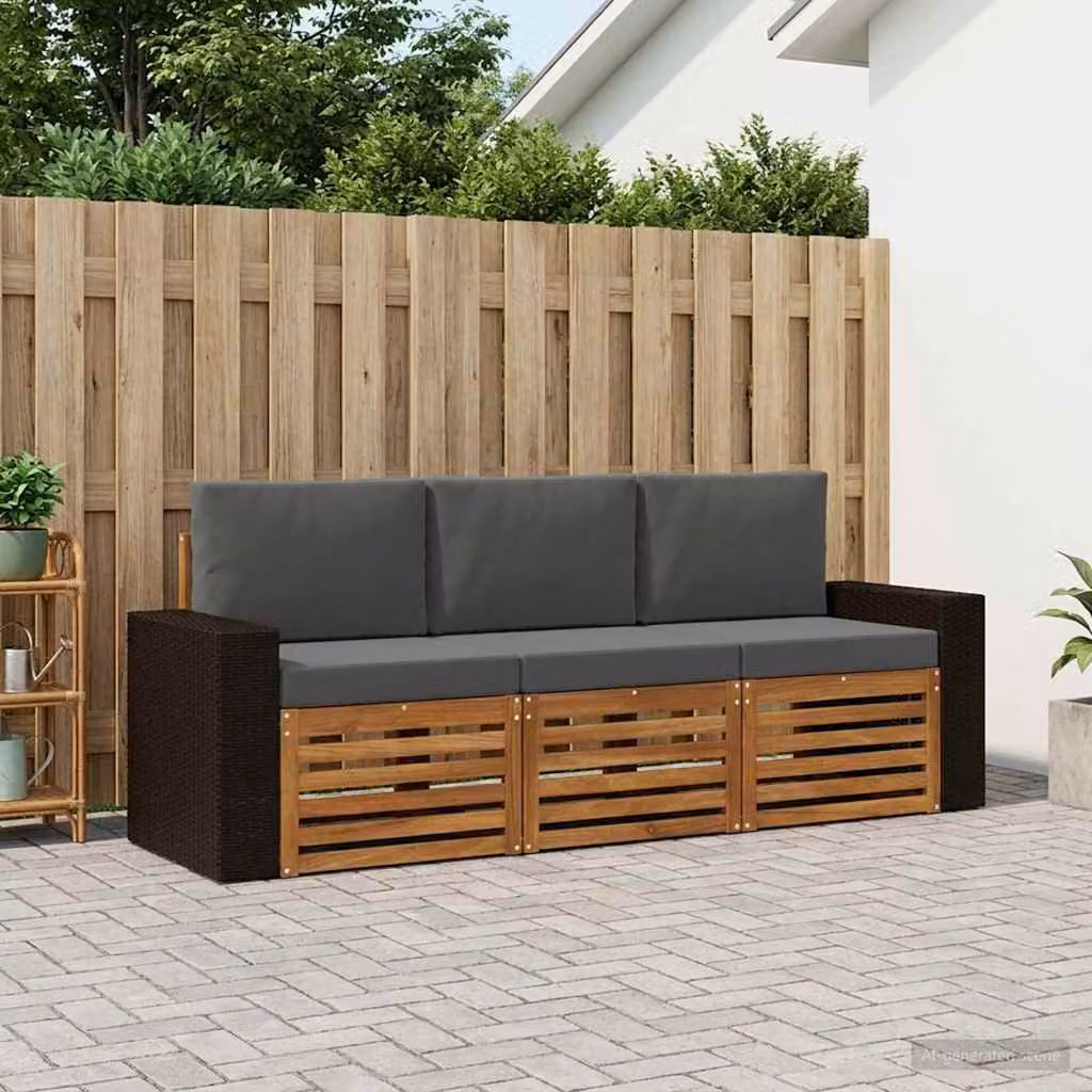 Set di divani da giardino vidaXL in legno di acacia massello con cuscini, 3 pezzi, marrone e grigio