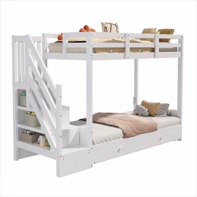 Letto a soppalco multifunzione REDOM per bambini in legno massello e MDF bianco con scala a gradini e cassetti L/P/H: 200 x 90 x 120 cm
