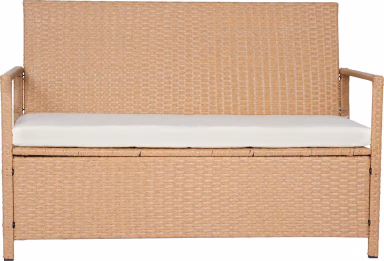 SucceBuy panca da giardino con vano portaoggetti, cassapanca per 2 persone in rattan PE, cassapanca con cuscini, panca con seduta fino a 120 kg, sedute da giardino e decorazione della veranda per patio, giardino, balcone, 121x59x81,5 cm